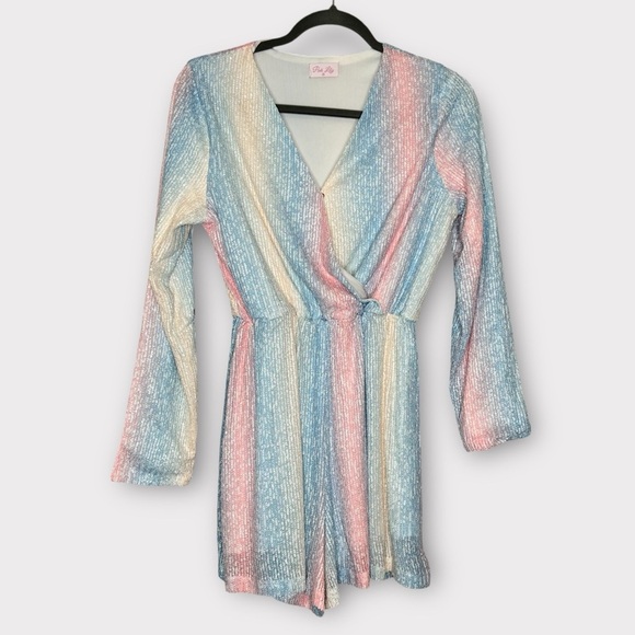 Pink lily pastel striped Long Sleeve sequined Romper - Picture 2 of 14